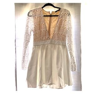 White Lace Sleeve Short Dress - Deep VNeck Line